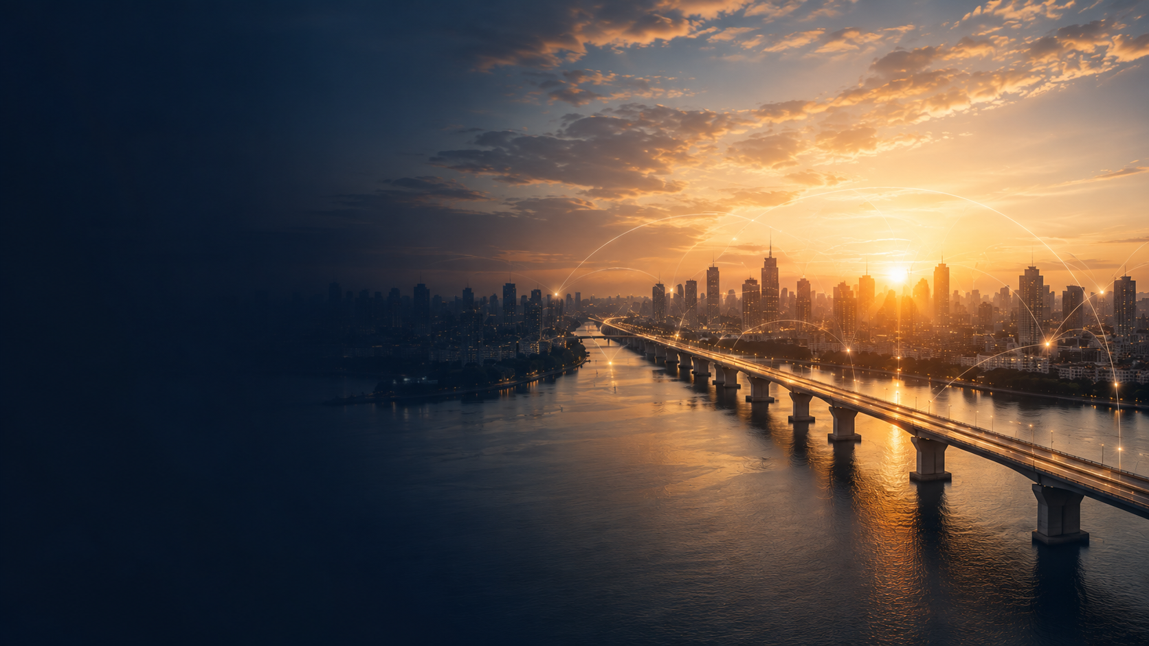 Vista aérea de cidade ao pôr do sol com malha de conexões sobre a ponte